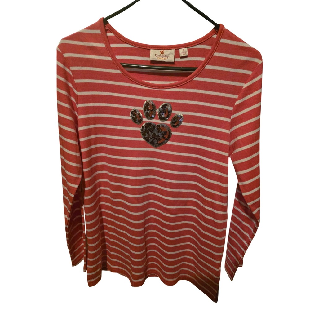 Quacker Factory Womens Small Pink White Striped Sequin Paw Print Long Sleeve Top